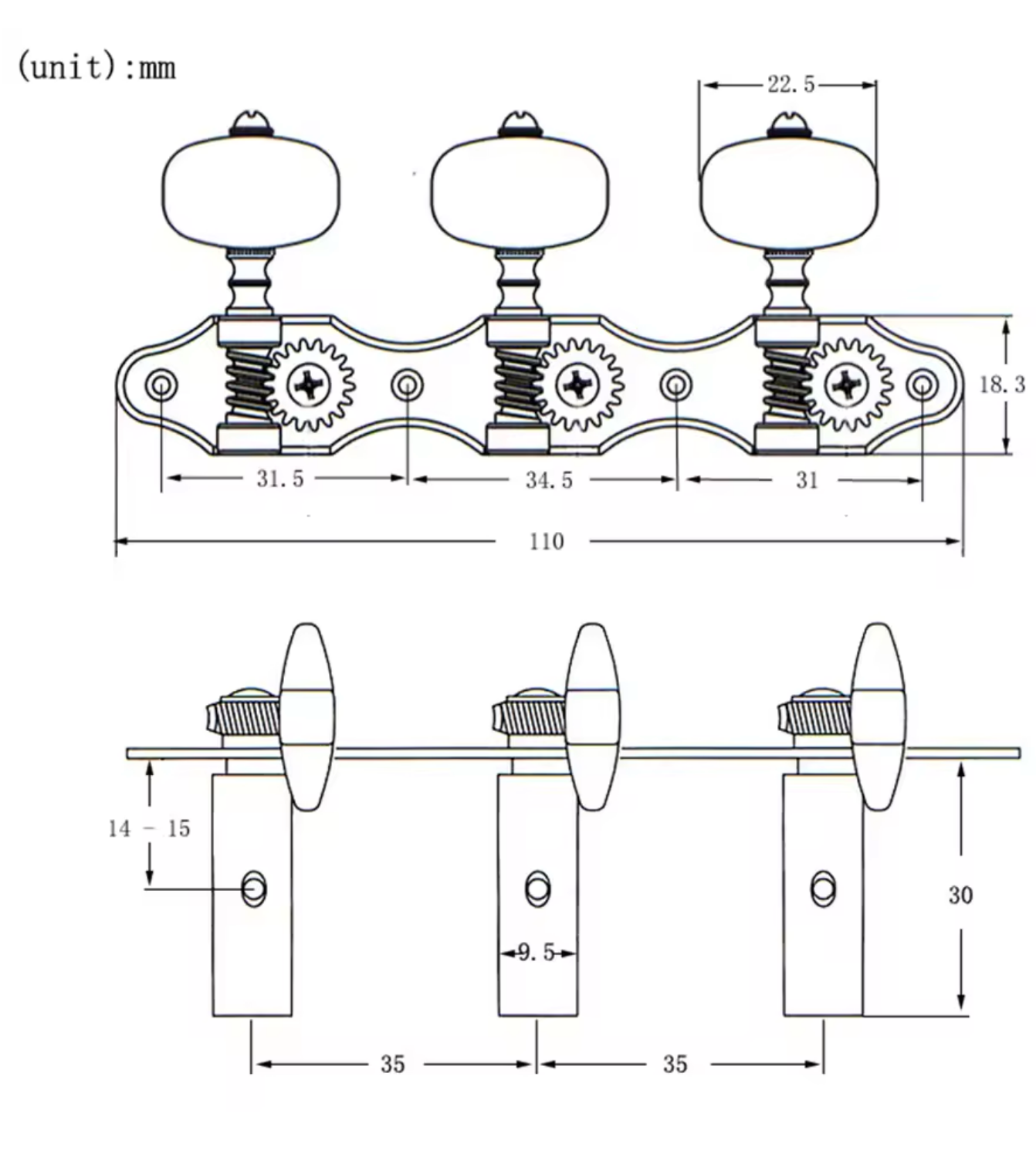 Tuning Machines for Classical Guitar 35mm Peg Spacing (Gold)