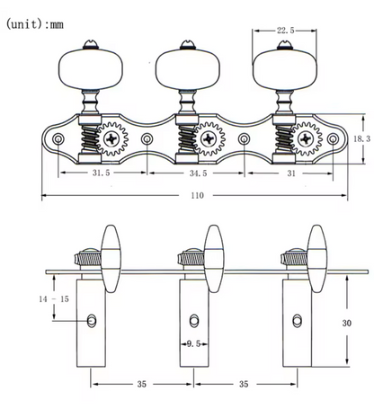 Tuning Machines for Classical Guitar 35mm Peg Spacing (Gold)