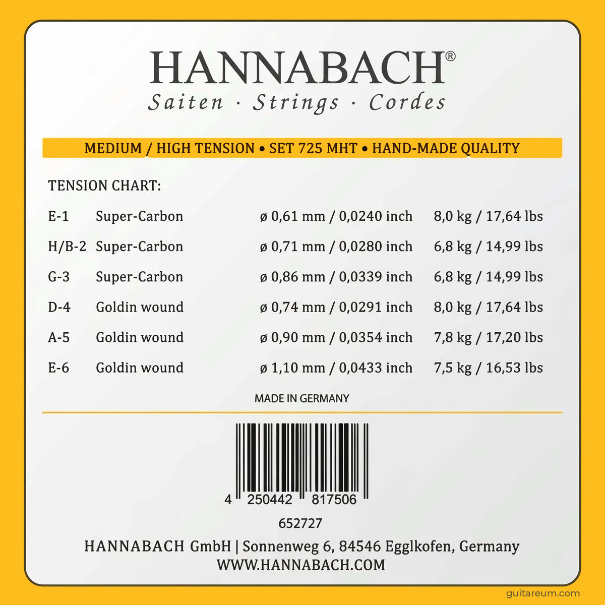 Hannabach 725 MHT Goldin Classical Guitar Strings Medium-High Tension