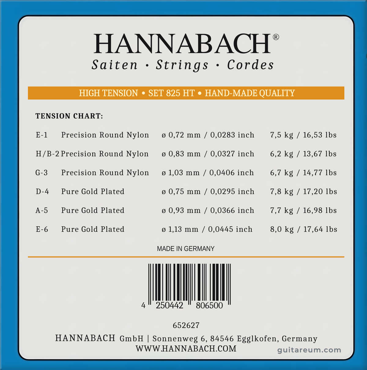 Hannabach 825 24K 纯金镀层古典吉他弦（高张力）