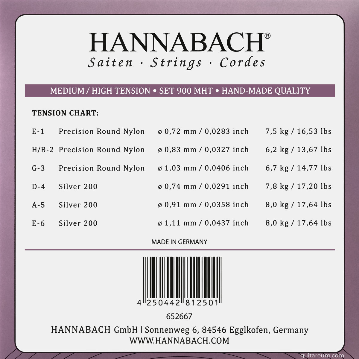 Hannabach 900 MHT Silver 200 Handmade Classical Guitar Strings Medium-High Tension, Full Set