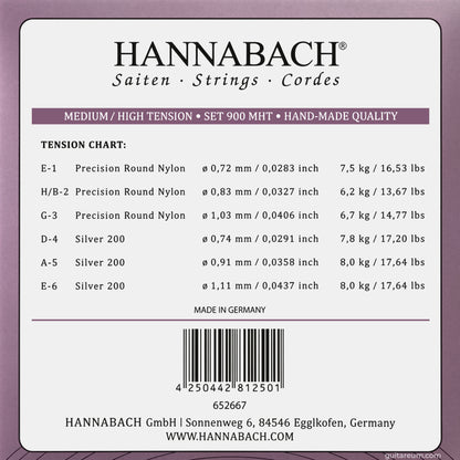 Hannabach 900 MHT Silver 200 Handmade Classical Guitar Strings Medium-High Tension, Full Set