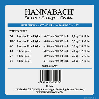 Hannabach 815 HT Silver Special Set Classical Guitar Strings High Tension