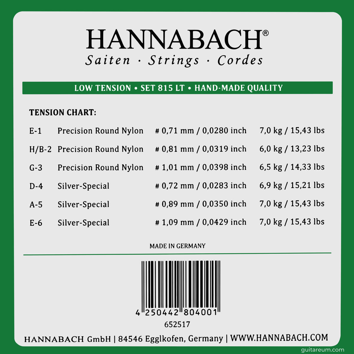 Hannabach 815 LT Silver Special Set Classical Guitar Strings Low Tension