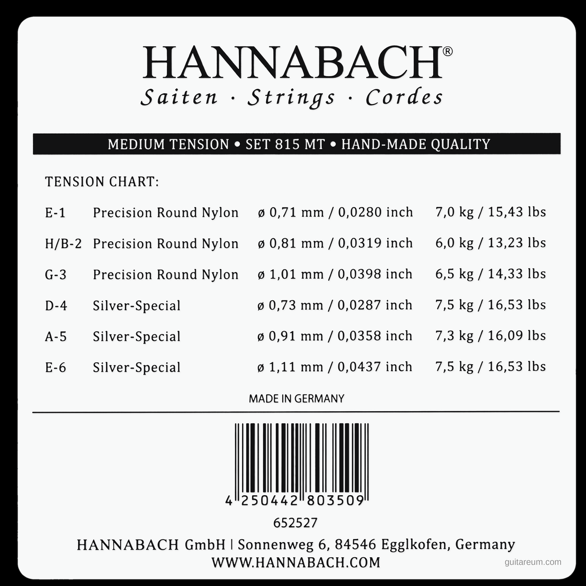 Hannabach 815 MT Silver Special Set Classical Guitar Strings Medium Tension