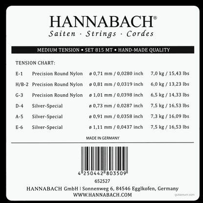 Hannabach 815 MT Silver Special Set Classical Guitar Strings Medium Tension
