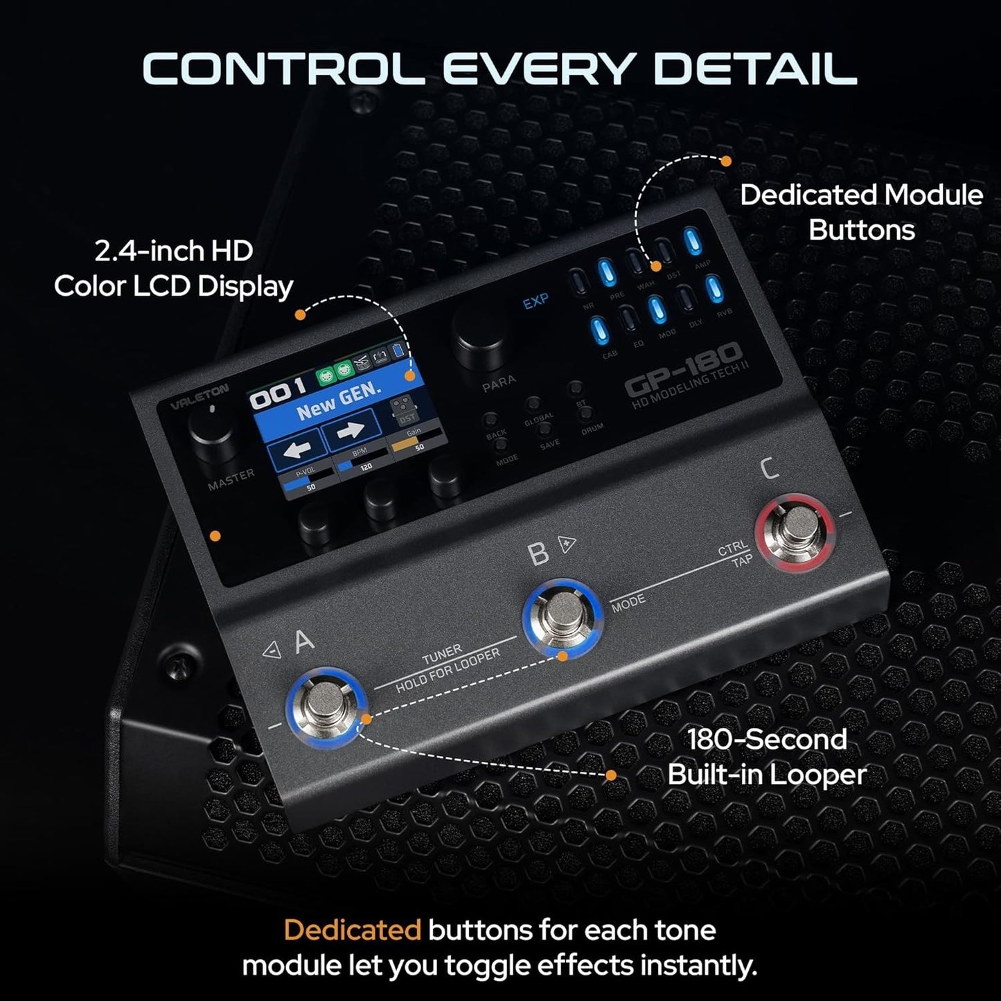 Valeton GP-180 Multi Effects Guitar Processor Pedal, Built-in Battery
